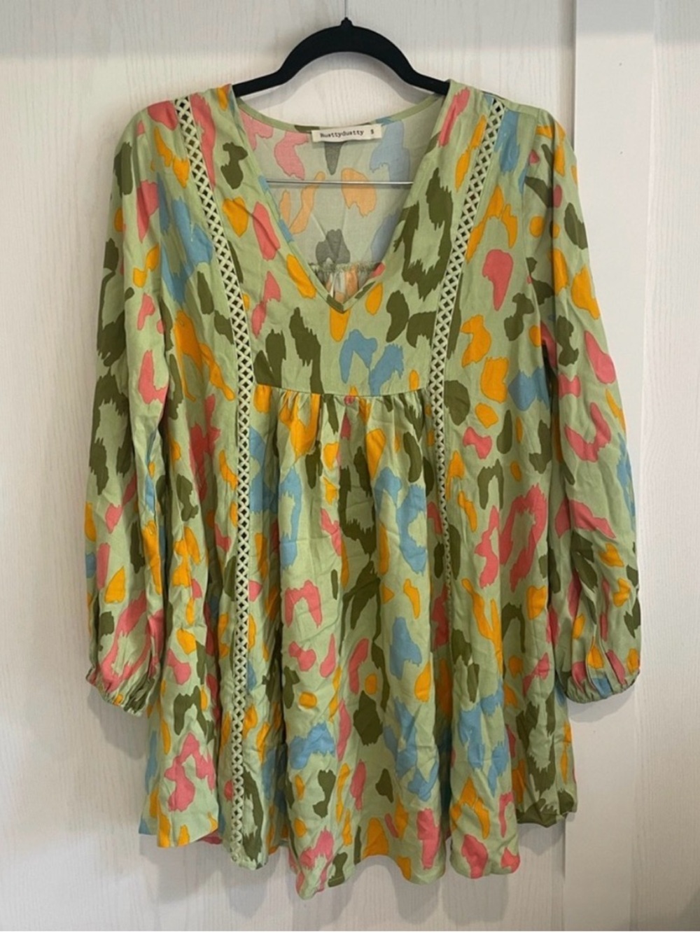 Rusttydustty Light Green Multicolor Boho V-Neck Dress